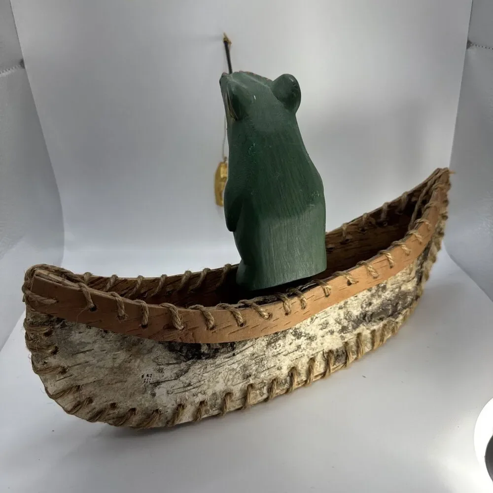 Indonesian Hand Carved Folk Art Alligator VTG Primitive Style Wood W Canoe, Fish